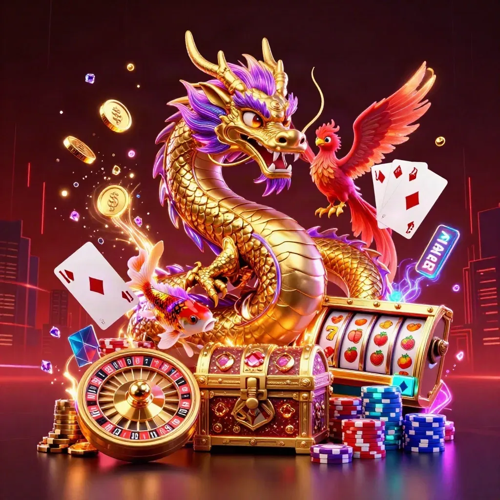 Golden dragon, phoenix, koi and casino symbols explode in a neon midnight slot art splash.