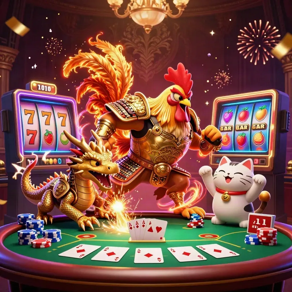 Rooster samurai, spark-breathing dragon hatchling, and fortune-cat amid casino chips and reels.