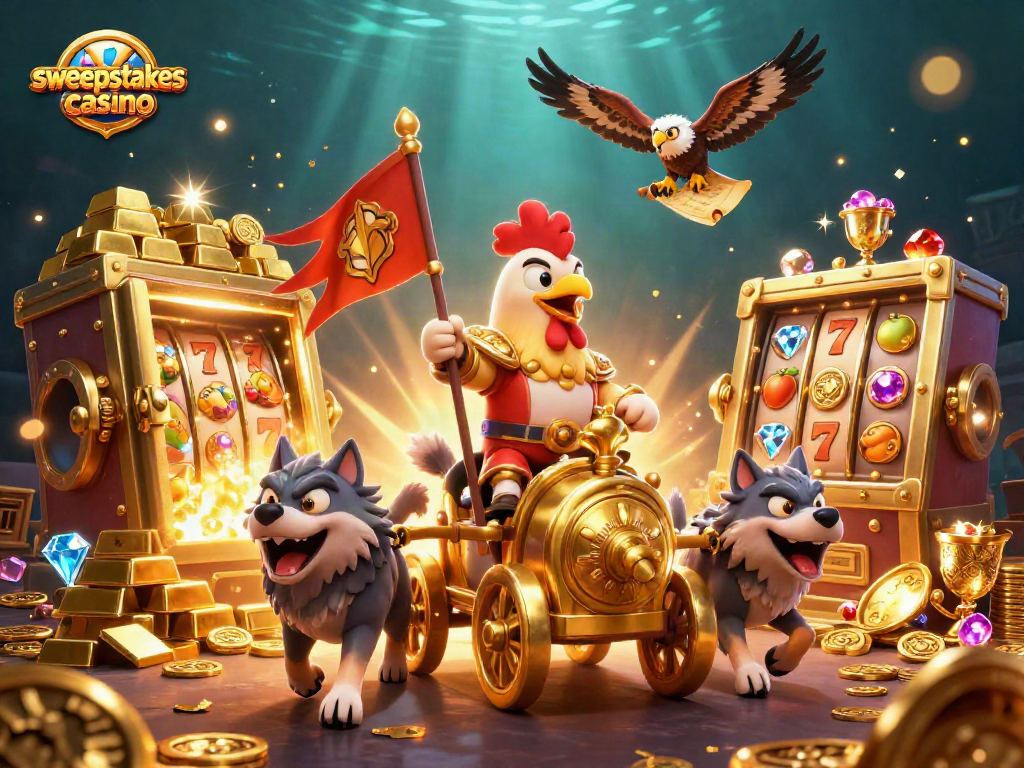 Sweepstakes casino scene with a rooster warlord, slot machines, and gold treasures.