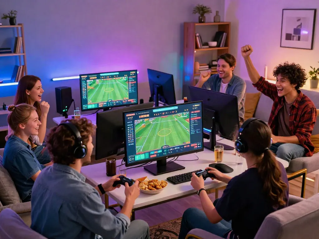 Exciting online gaming atmosphere at https://vin88.team/ with friends cheering around a big screen, showcasing sports betting.