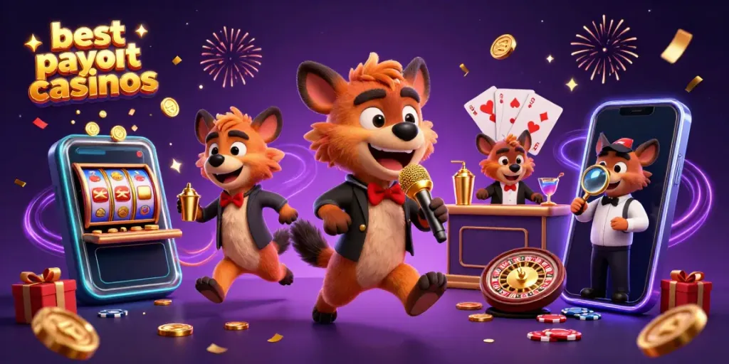 Experience excitement at the best payout casinos with lively hyena characters performing comedy and serving drinks.