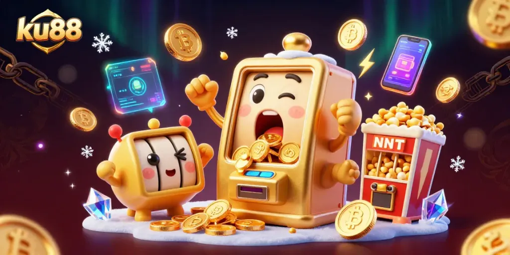 ku88 slot machine celebrates its jackpot, surrounded by cheering characters and floating cryptocurrency coins.