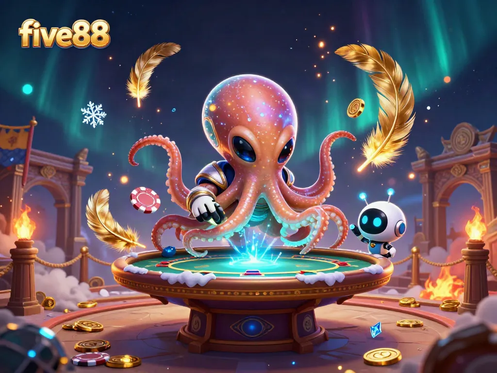 five88 features a playful alien octopus running a holographic poker game amidst vibrant cosmic action.