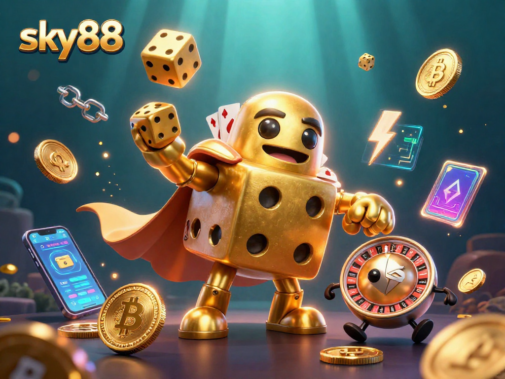 Engage with sky88 through a vibrant 3D scene featuring a golden dice golem, juggle excitement with casino elements.