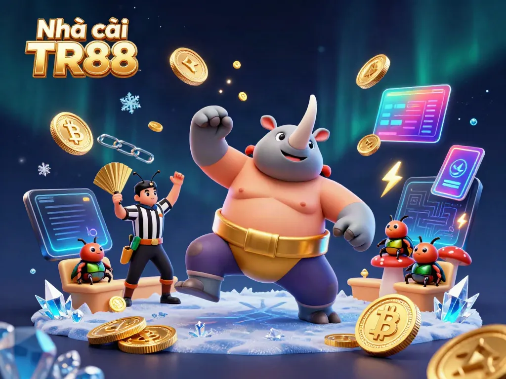 Engage with Nhà cái TR88 as a rhinoceros beetle sumo champion celebrates amidst flying coins and dynamic animations.