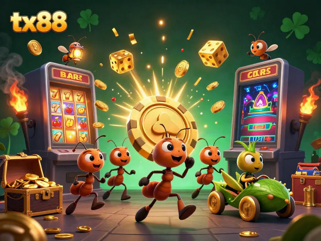 Engaging illustration of tx88, showcasing ants heisting a huge poker chip amid slot machine explosions and vibrant casino elements.