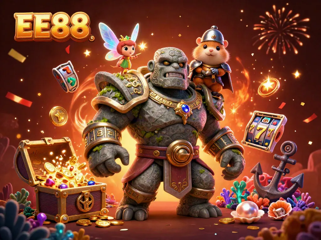 EE88 offers an exciting gambling atmosphere with a golem, fairy, and hamster knight amidst vibrant casino elements.