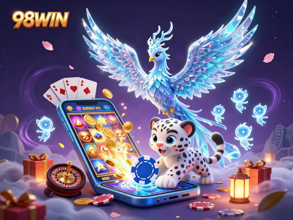 Engage with 98WIN's vibrant casino scene featuring dynamic characters and exciting gaming elements.