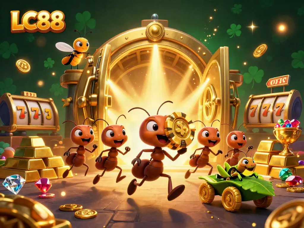 Engage with LC88's exciting slots heist featuring animated ants and golden treasures.