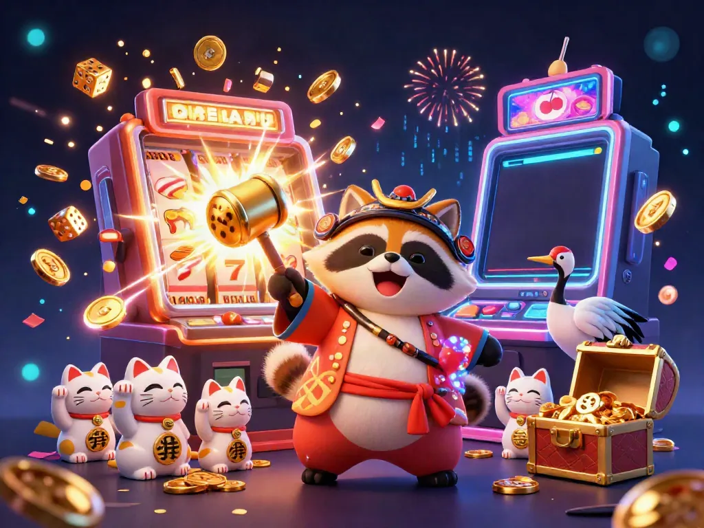 Experience the vibrant world of Fabet with a cheerful tanuki, samurai crane, and lucky cats amid casino excitement.