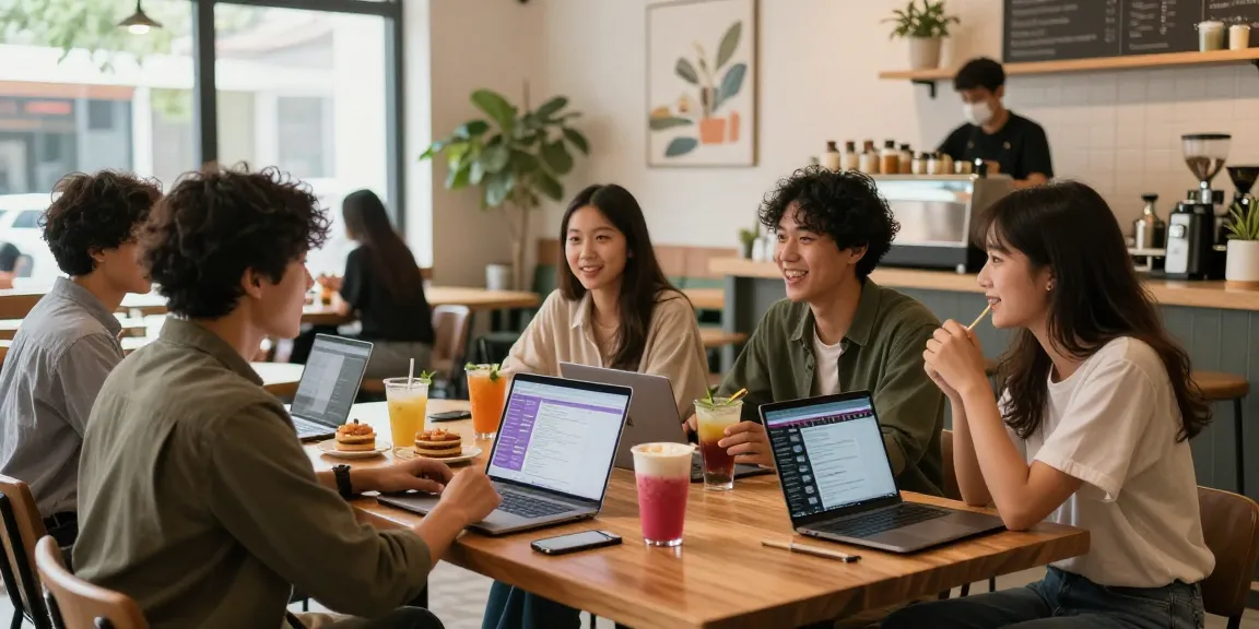 Engaging juicy chat moment in a stylish café with friends connecting over drinks and laptops.