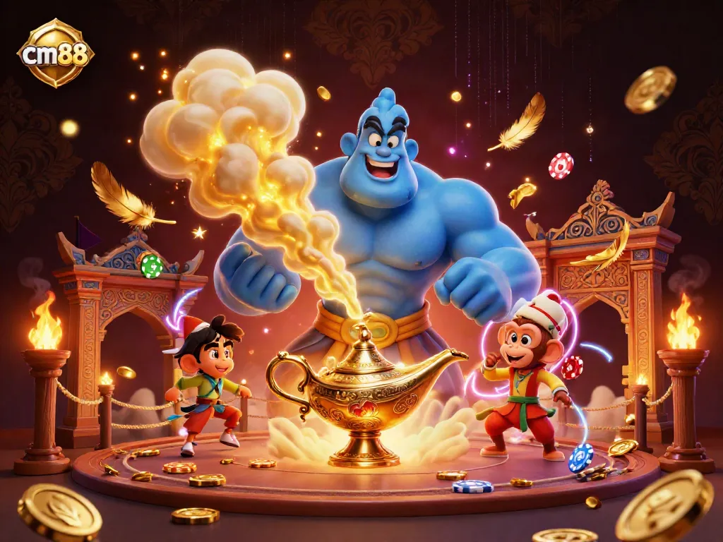 Experience the vibrant magic of cm88 as a blue genie bursts from a lamp, surrounding players with casino excitement.