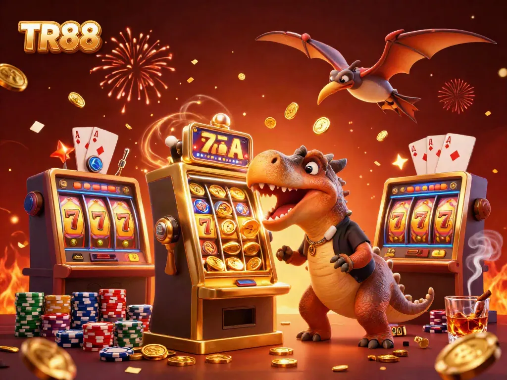 Experience TR88's vibrant gambling atmosphere as a pachycephalosaurus wins a jackpot at the slots.