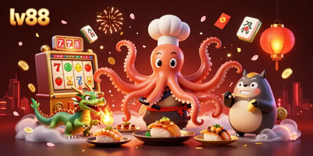 Experience the vibrant world of lv88 with a sushi chef octopus and dragon alongside lotto and gaming elements.