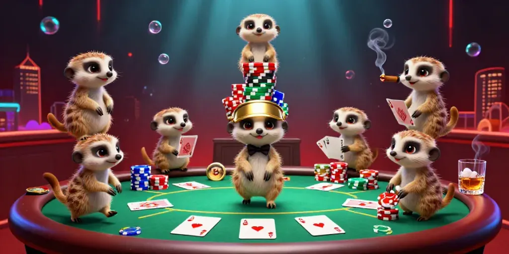 Experience AO88's vibrant casino world as meerkats deal cards, surrounded by colorful poker chips and glowing effects.