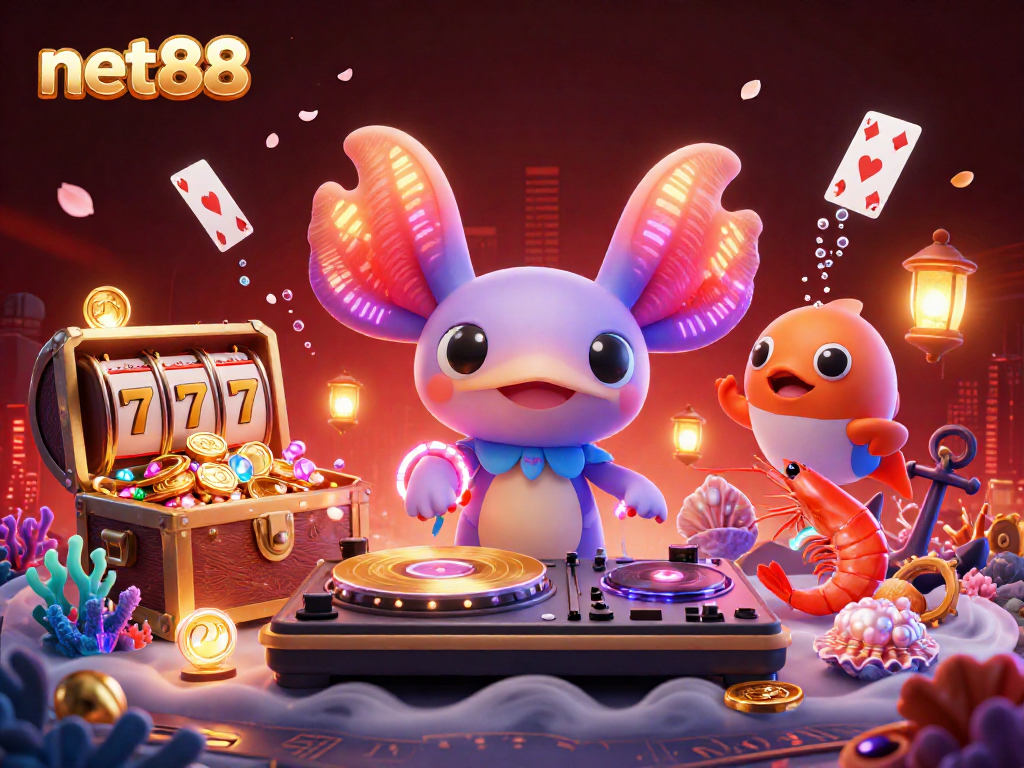 Experience the thrill of net88 with a vibrant underwater casino scene featuring a DJ axolotl and lively characters.