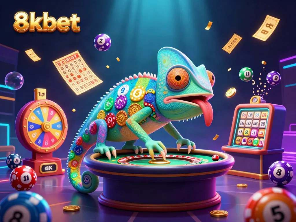 Engage with the vibrant world of 8xbet as a colorful chameleon casino owner captures golden coins amidst dynamic lottery game elements.