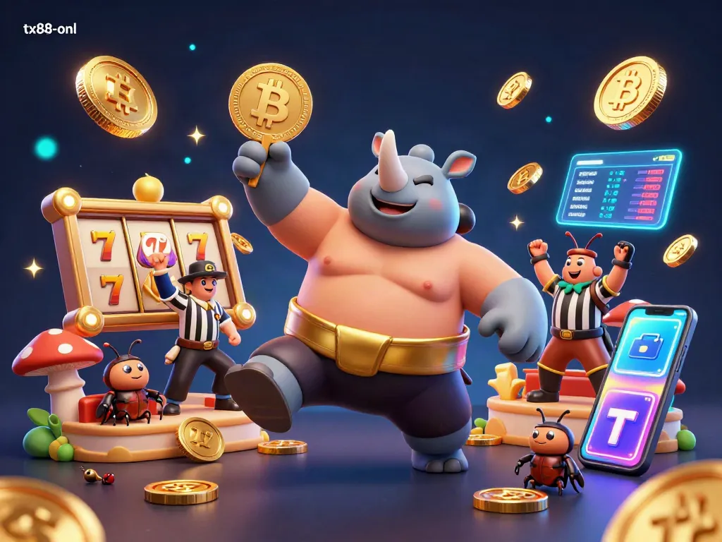 Experience the excitement of tx88-onl with a thrilling casino scene featuring a sumo beetle champion and slot elements.