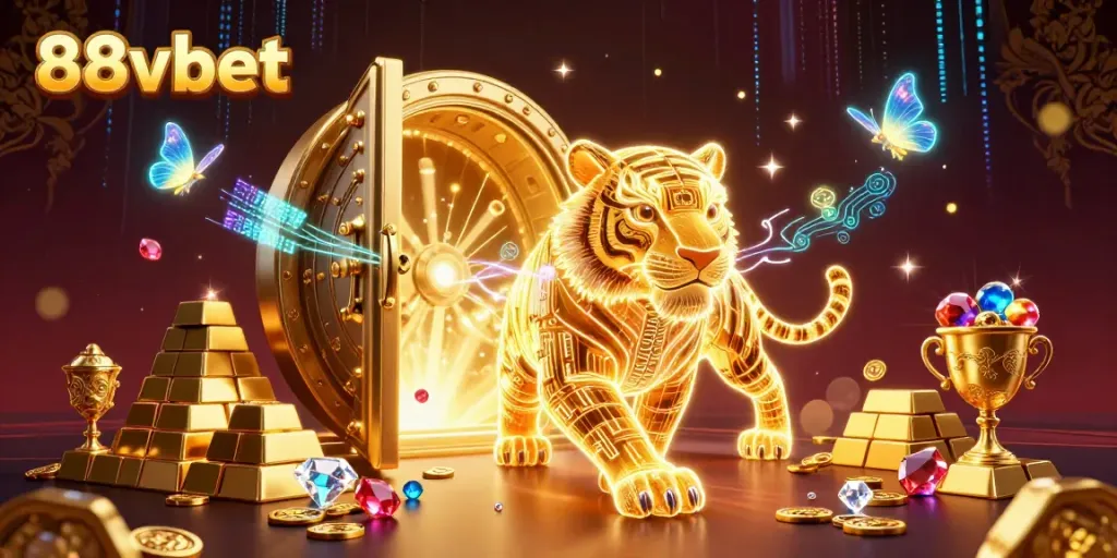 Engage with 88vbet's vibrant digital casino featuring a golden tiger, gems, and treasures.