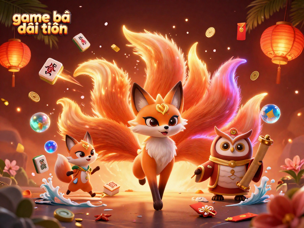 Engage in game bài đổi thưởng with a lively scene featuring a nine-tailed fox and an owl amid colorful casino elements.
