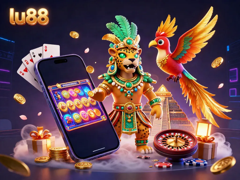 Experience excitement with lu88 slots as a Mayan jaguar priest and quetzal bird celebrate in a vibrant casino scene.