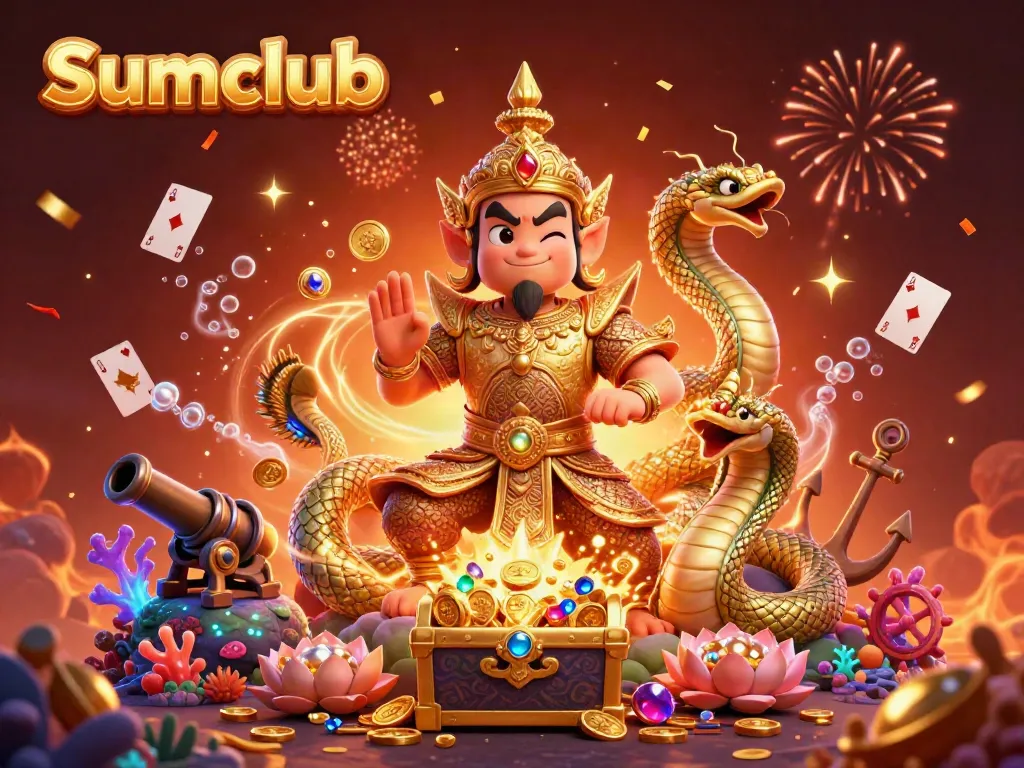 Experience the vibrant and thrilling Sumclub casino scene with intricate guardians and sparkling treasures.