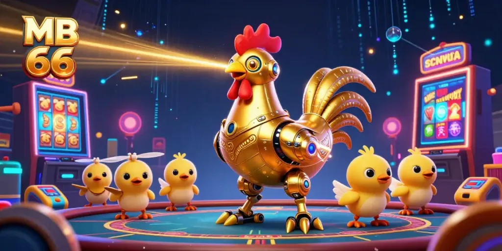 Experience the excitement of MB 66 with a vibrant casino scene featuring a golden rooster robot and baby chick drones.