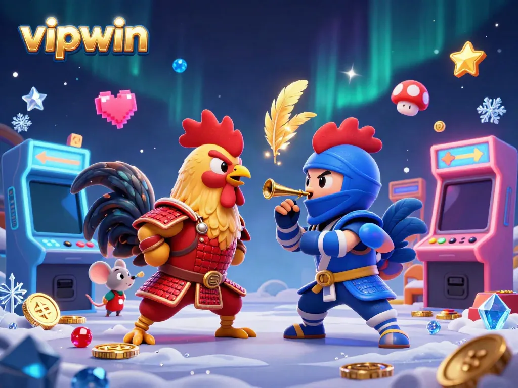 Experience excitement at vipwin casino with dual roosters in a colorful gaming showdown.
