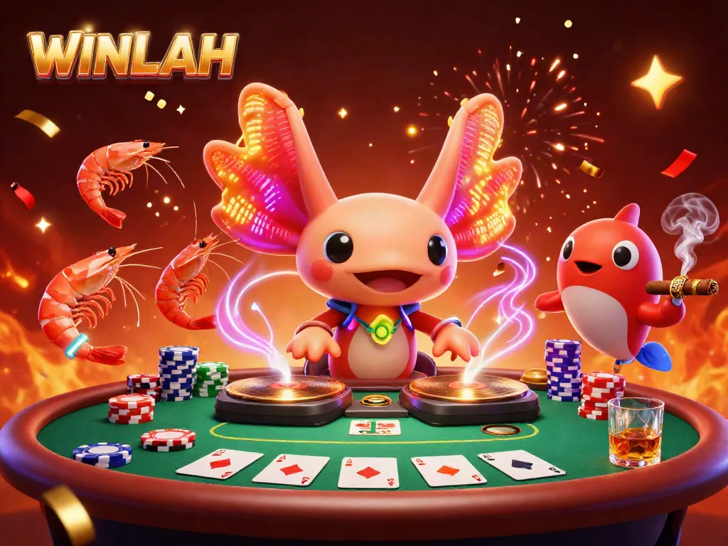 Join the vibrant world of WINLAH with dynamic gaming characters surrounded by poker elements.