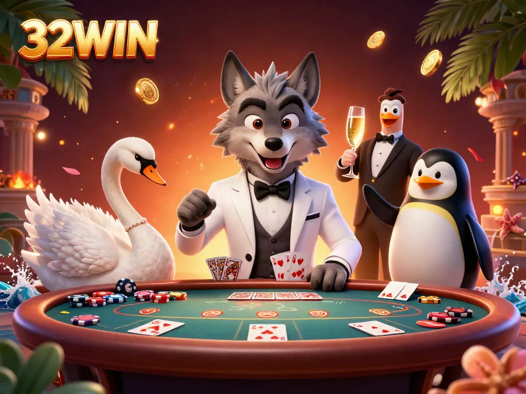 Experience the excitement of 32WIN as a stylish wolf plays baccarat with a swan dealer and a penguin sommelier.