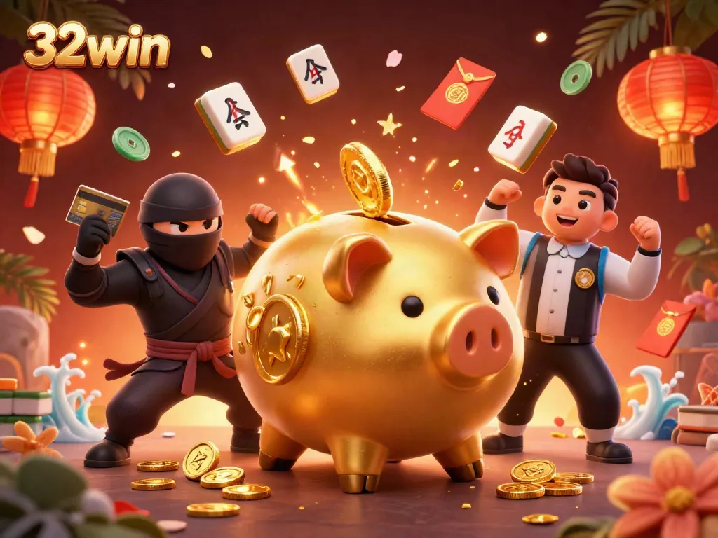 Experience exciting gameplay at 32win with a cartoon illustration of a sumo wrestler and games elements, capturing the casino atmosphere.