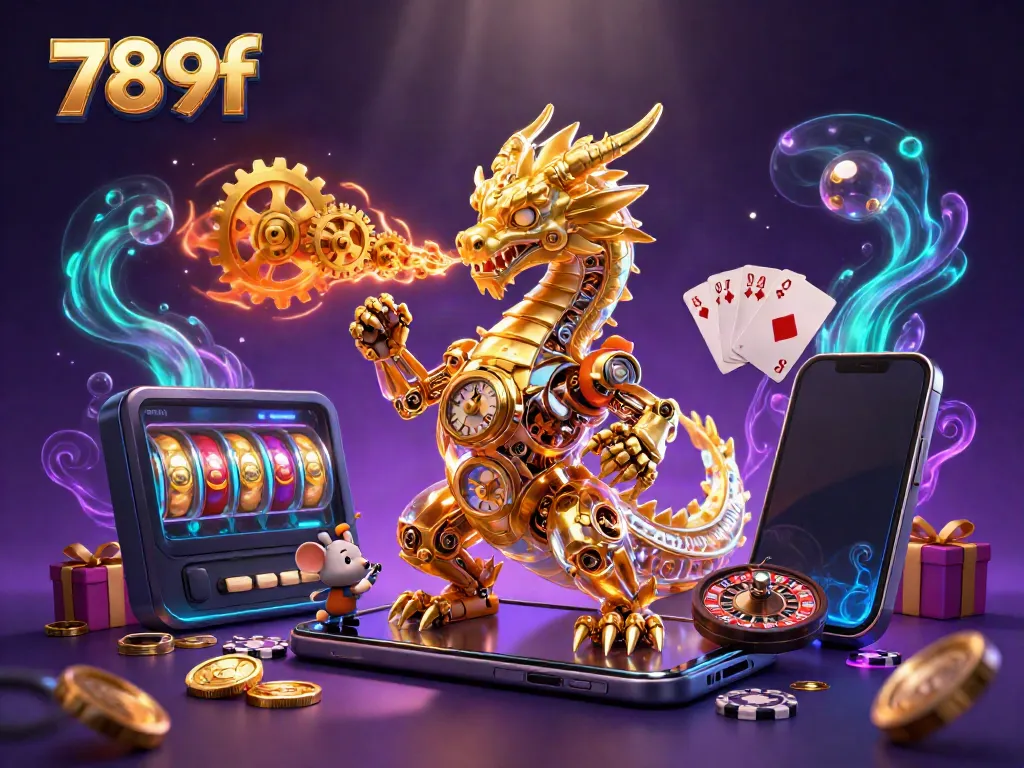 Experience the thrilling gaming world of 789f with a golden dragon, slot games, and vibrant casino elements.