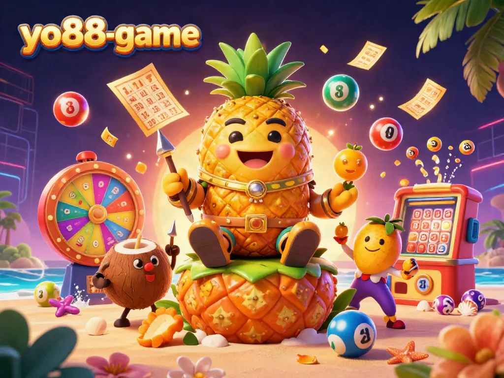 Engage with the vibrant world of yo88-game, where a golden pineapple king and lively characters bring dynamic casino action to life.