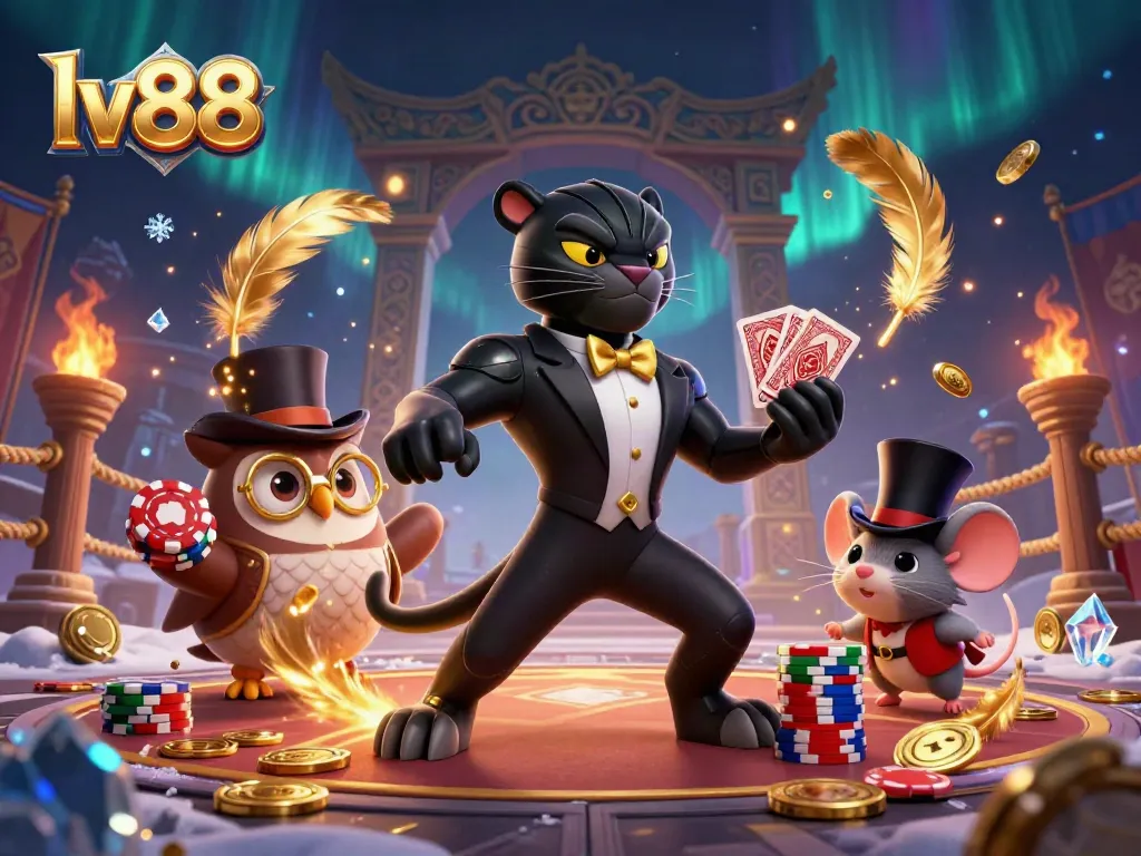 Experience thrilling gameplay at lv88 with a stylish panther dealer, an owl with poker chips, and a lucky mouse.