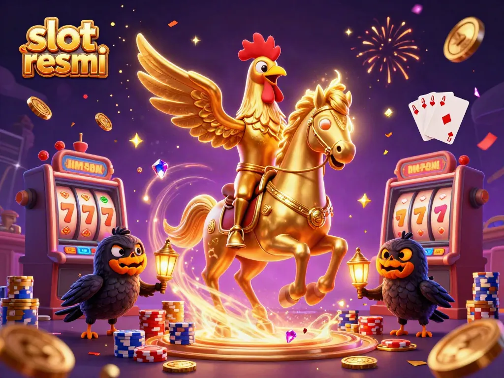 Slot resmi vibrant illustration featuring golden rooster, spectral horse, and casino elements.