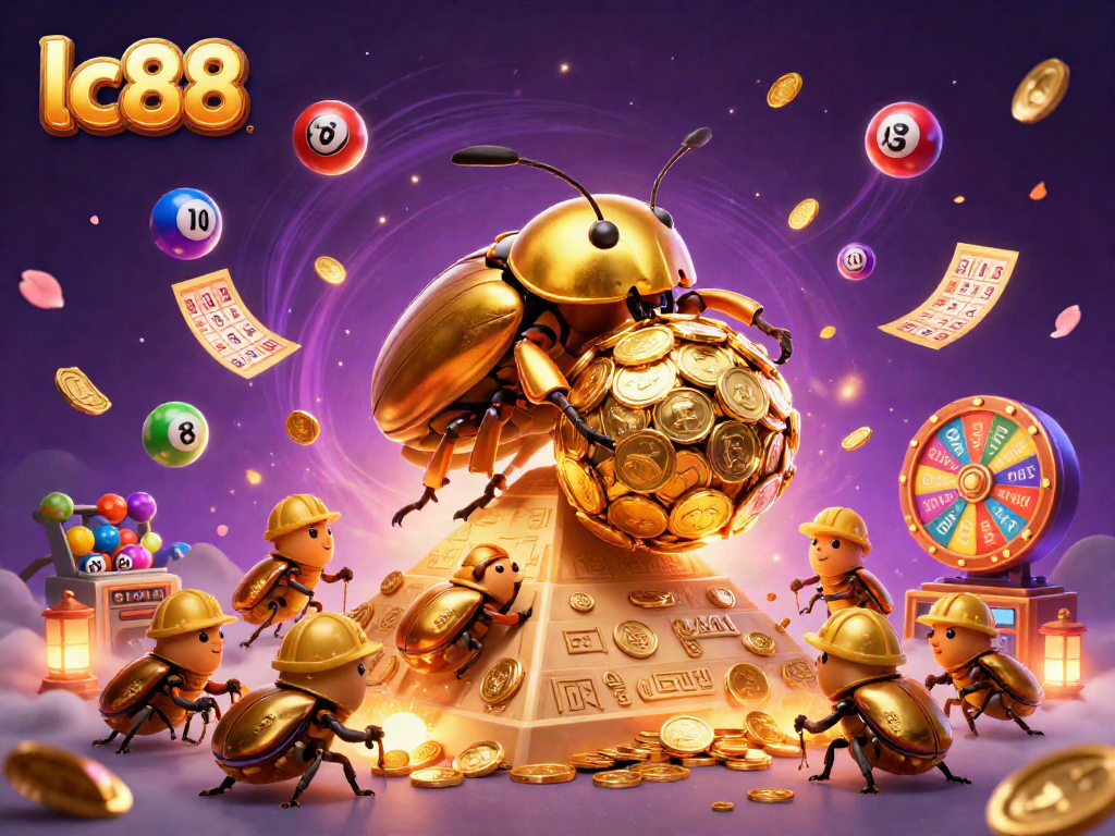 Spin the action with lc88, featuring a vibrant illustration of a golden dung beetle and casino elements!