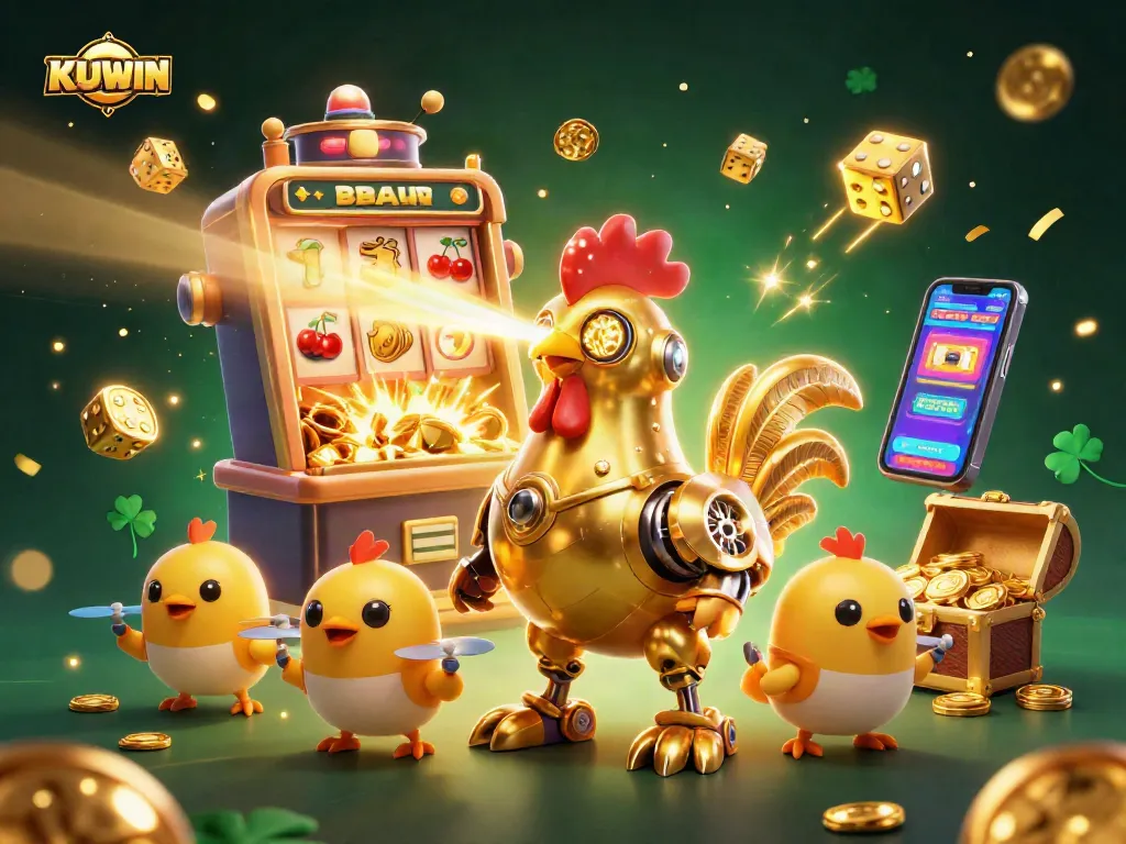 Engage in thrilling gameplay at KUWIN with golden rooster robots and exciting casino elements.
