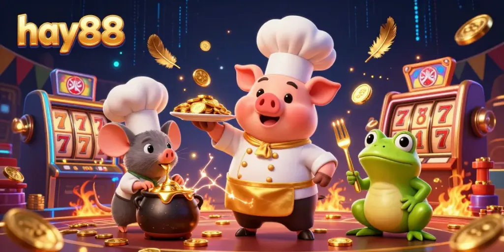 Experience gaming excitement with hay88 as a chef pig serves gold coins and characters create an electrifying scene.
