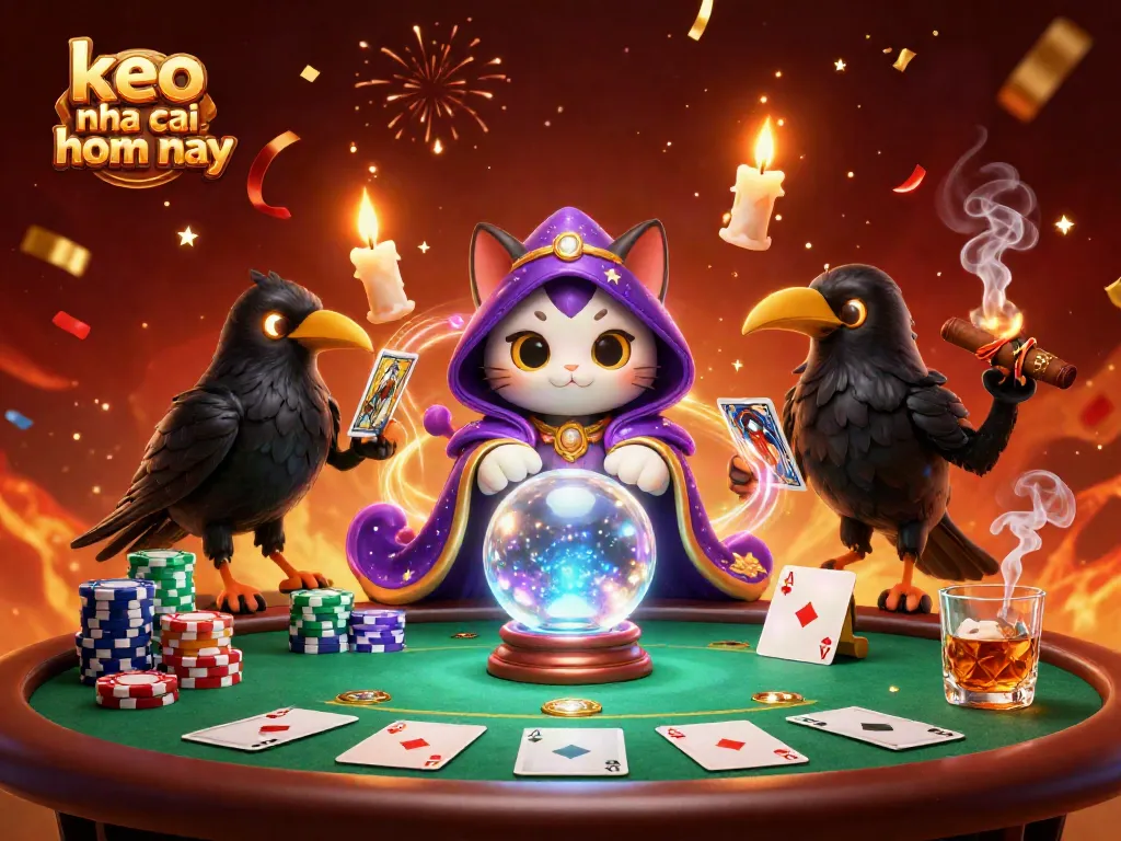 Engage in keo nha cai hom nay action with a vibrant 3D scene featuring a mystical fortune teller, poker elements, and festive details.