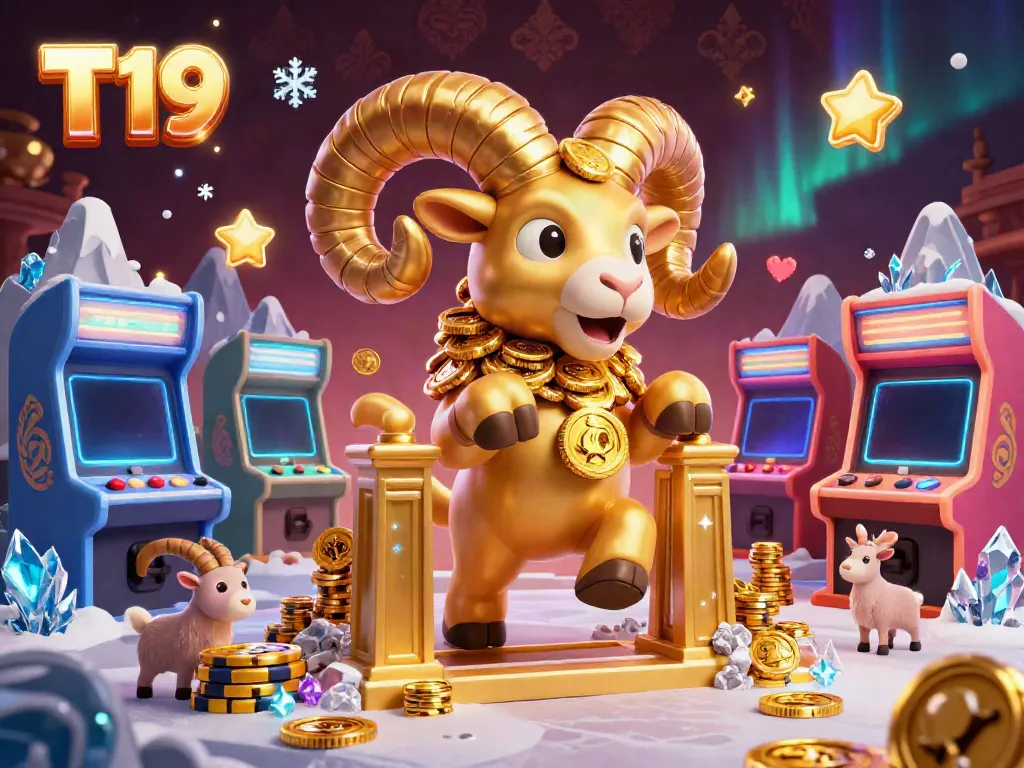 T19 features a golden ram charging through a casino-themed landscape with game elements surrounding it.