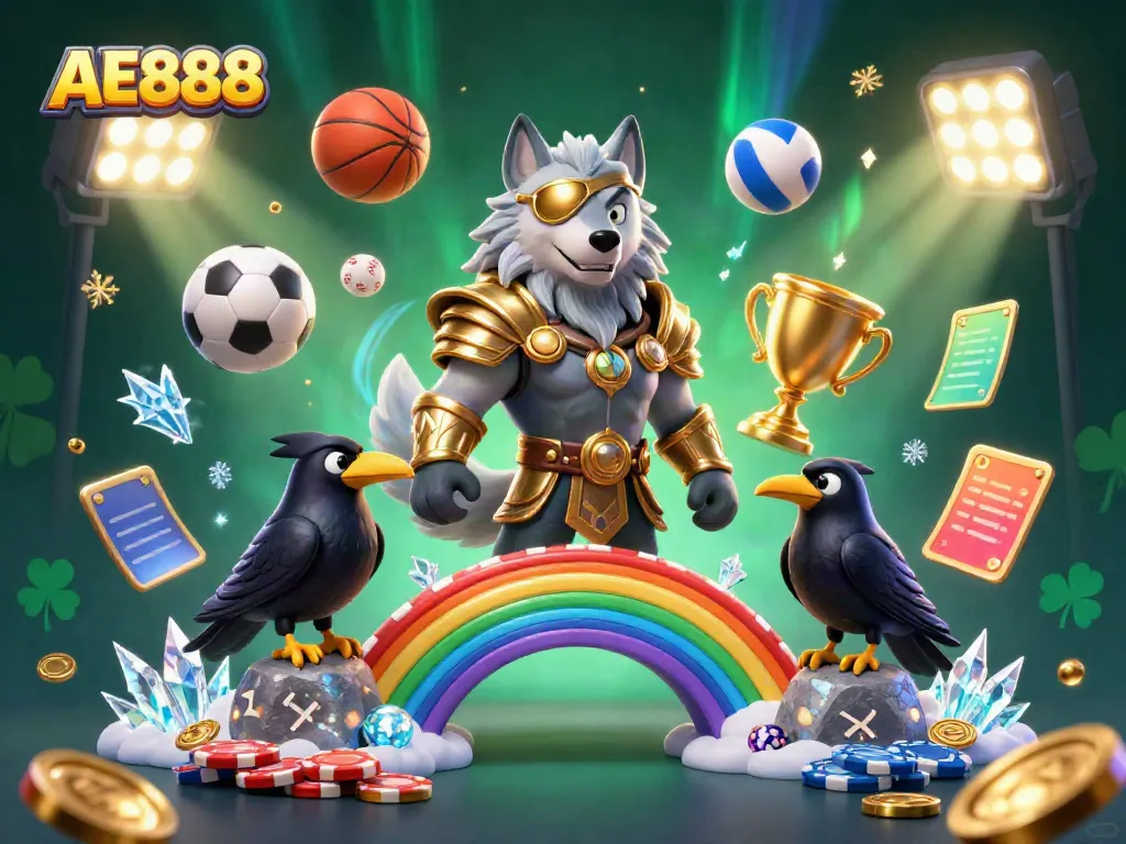 Experience the excitement of betting with AE888, featuring a dynamic Norse mythology-inspired scene filled with casino elements.