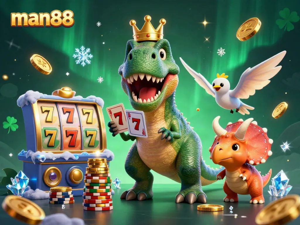 Experience thrilling gameplay with man88, showcasing a T-Rex shuffling cards and winning chips in a vibrant, casino-themed scene.