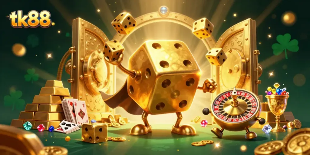 Experience the thrill of tk88 with a captivating digital casino scene featuring golden dice and vibrant treasures.