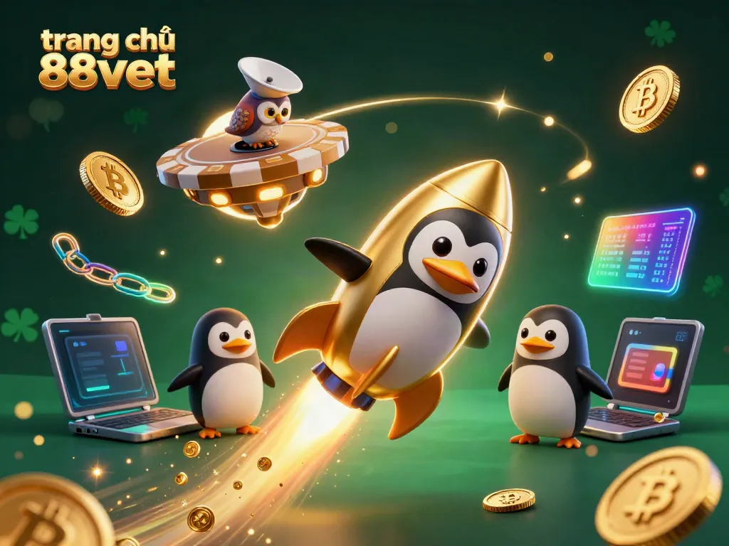 Experience the adventure of "trang chủ 88vbet" with a rocket-powered penguin and casino elements in a vibrant 3D scene.