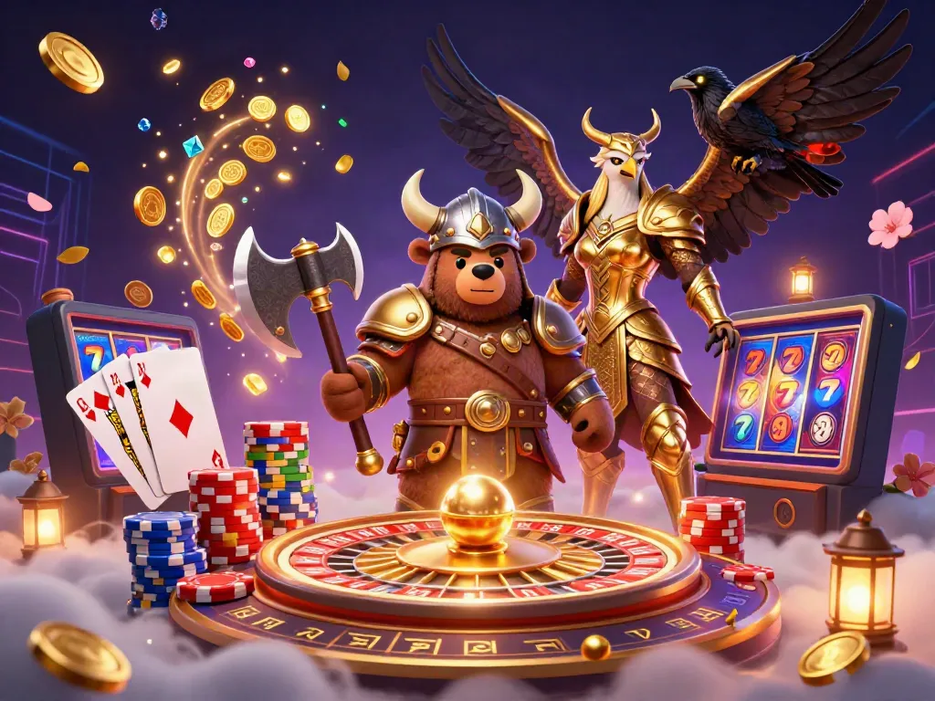 Engage with the vibrant casino atmosphere of s8, featuring a dynamic Viking bear and golden eagle amid flying coins and roulette action.
