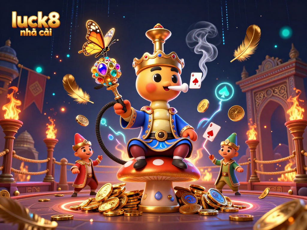 Experience luck8 nhà cái with vibrant 3D casino art showcasing poker hand symbols and golden coins.