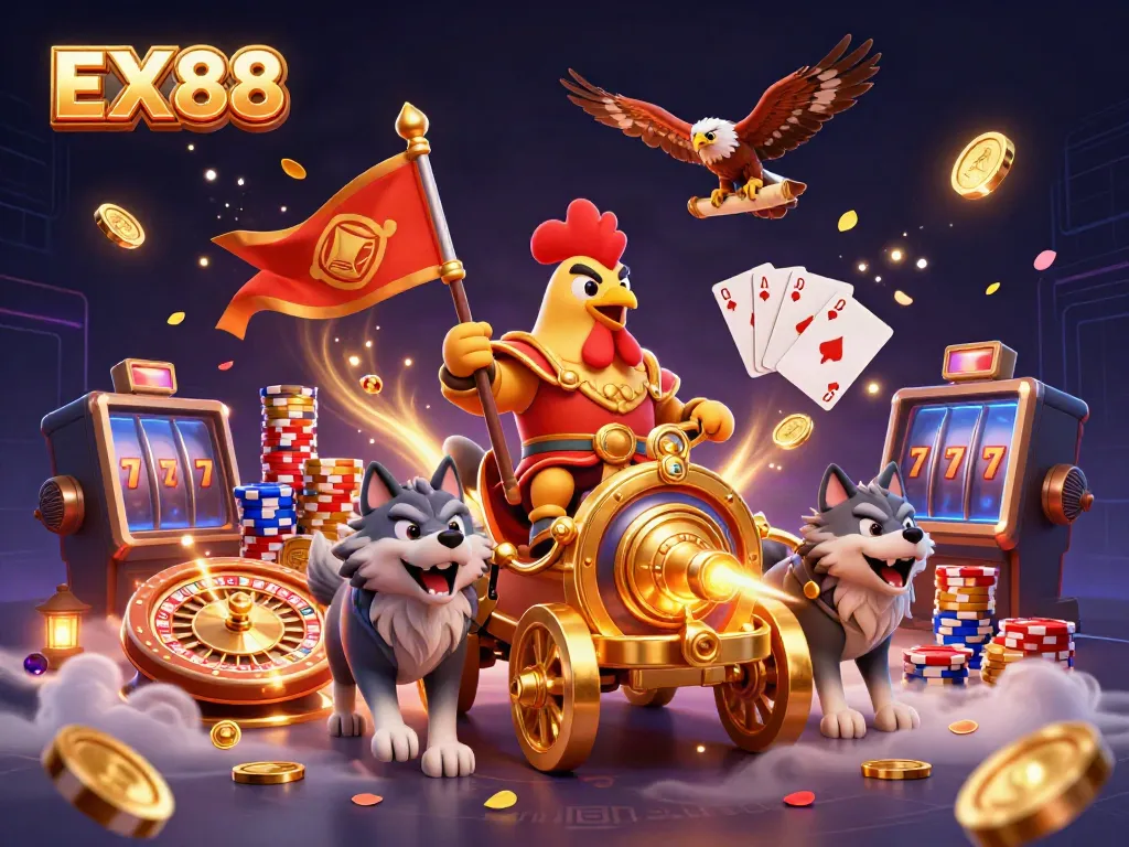 Experience the thrill of gaming with EX88, featuring a dynamic rooster warlord and vibrant casino elements.