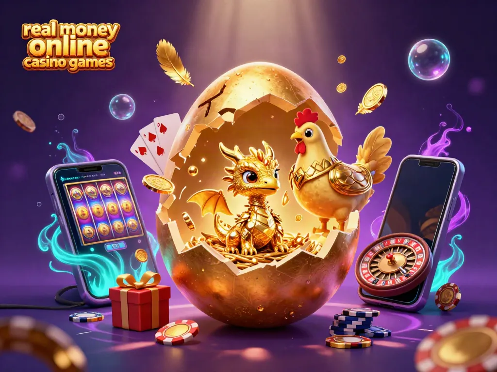 Experience real money online casino games with a golden dragon and poker-themed art in a vibrant illustration.