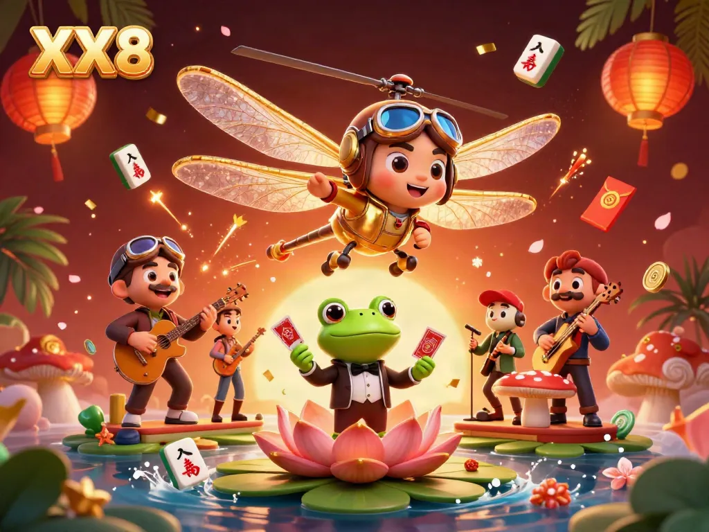 Engage with the vibrant scene of XX8 where a dragonfly casino pilot hovers above a lily pad casino.