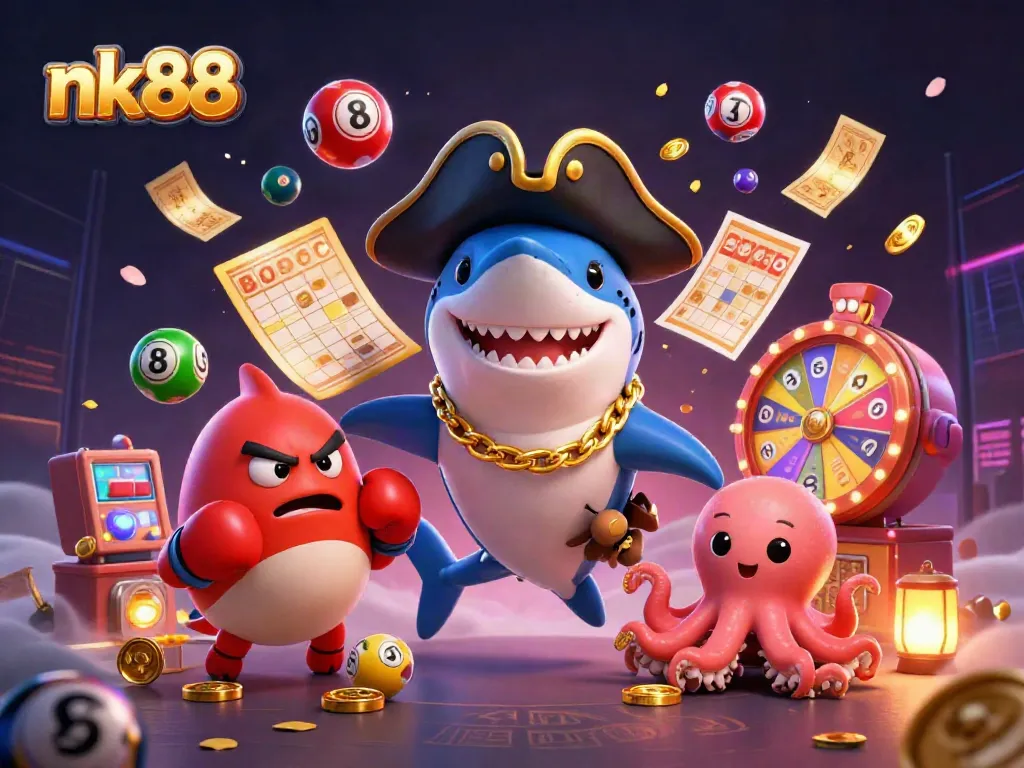 Experience the thrill with nk88 as a pirate shark, pufferfish, and octopus in a vibrant gambling scene.